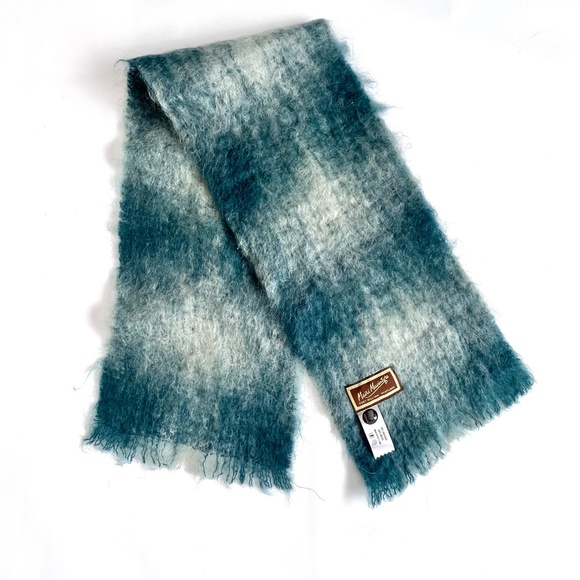 Mairi Macintyre Vintage Teal Plaid Mohair Wool Scarf Made in Scotland - Picture 1 of 5